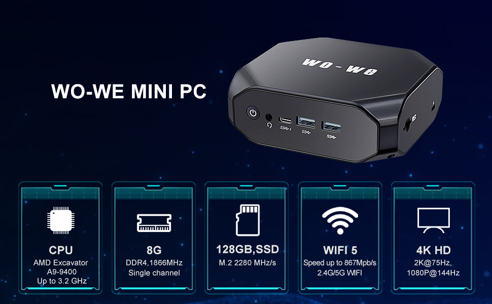 Wo-We Mini PC with AMD Excavator A9-9400 up to 3.2GHz, 8GB DDR4, 128GB SSD,Ubuntu 20.04.1, Linux